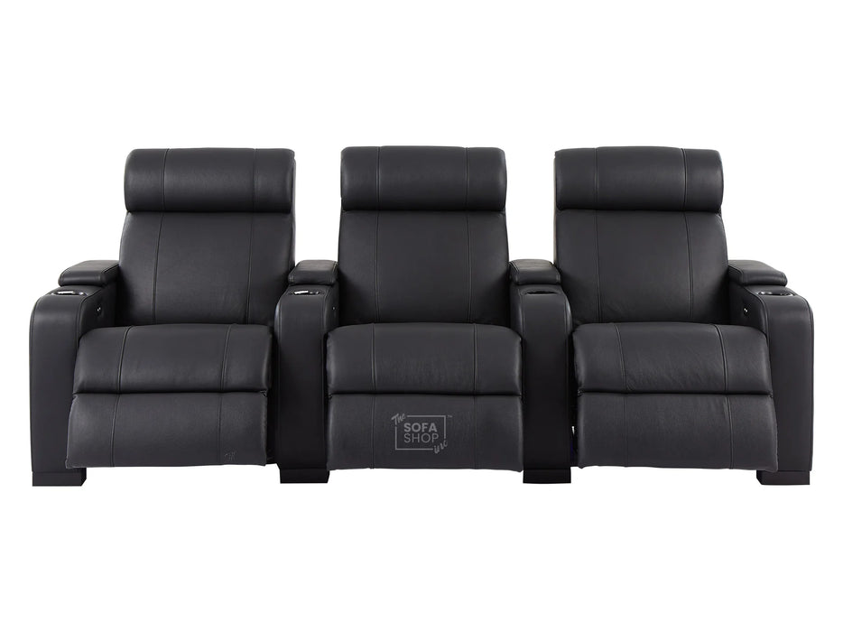 3 2 Electric Recliner Sofa Set in Black Real Leather 2 Piece Cinema Sofa with USB Ports, Chilled Cupholders & Storage Boxes - Rimini