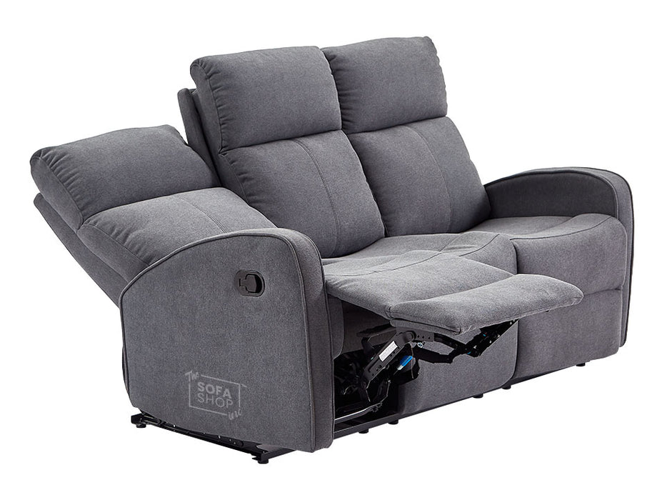 3+2 Recliner Sofa Set. 2 Piece Recliner Sofa Package Suite in Dark Grey Fabric with Drop-Down Table & Drink Holders - Parma - Sofa Sale