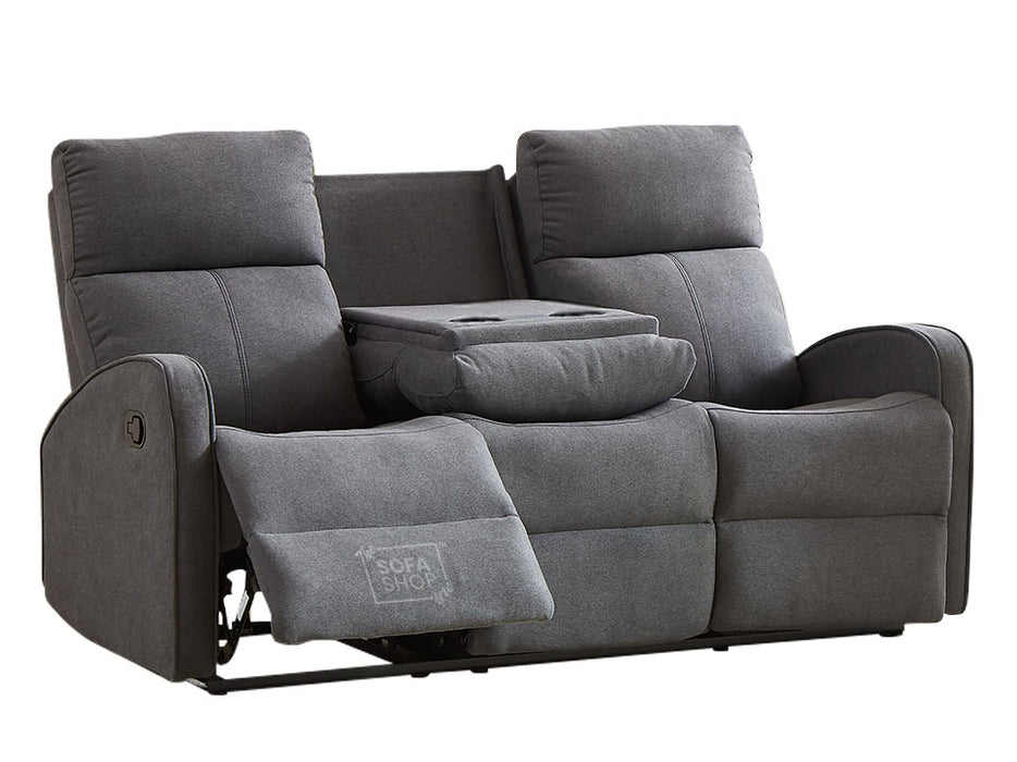 3+2 Recliner Sofa Set. 2 Piece Recliner Sofa Package Suite in Dark Grey Fabric with Drop-Down Table & Drink Holders - Parma - Sofa Sale