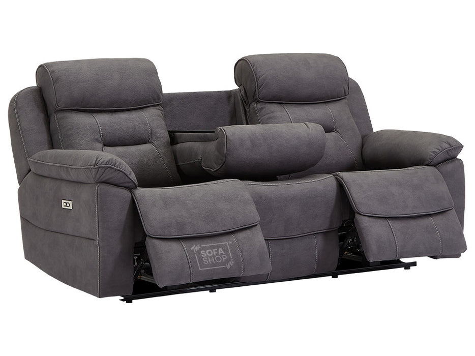 3+3 Electric Recliner Sofa Set & Power Sofa Package. Black Fabric Suite with USB Ports & Power Headrests & Cup Holders- Florence