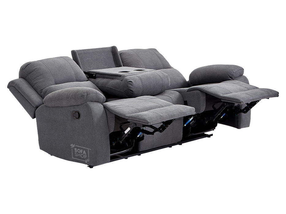 3 2 Recliner Sofa Set. 2 Piece Recliner Sofa Package Suite in Dark Grey Fabric with Drop-Down Table & Drink Holders- Trento