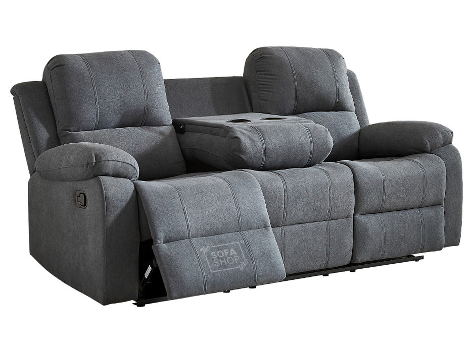 3 Seater Recliner Sofa in Dark Grey Fabric with Drop-Down Table & Cup Holders - Trento