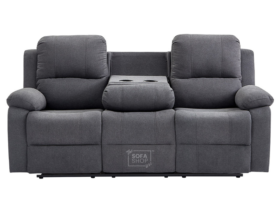 3 Seater Recliner Sofa in Dark Grey Fabric with Drop-Down Table & Cup Holders - Trento