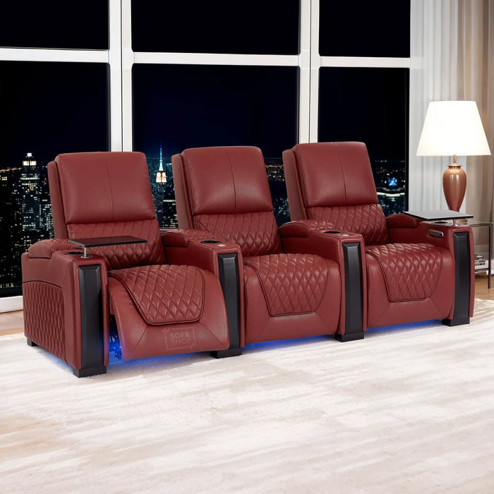 3 Seater Smart Tech Electric Recliner Cinema Sofa | Luxury Theatre Seating | Red Real Leather | Assisi