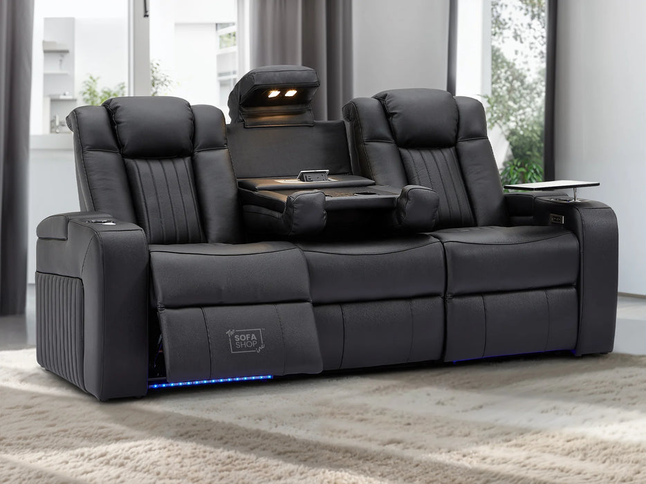 Electric Recliner Cinema Sofa 3 Seater in Black Real Leather with USB Ports, Cup Holders, and Wireless Charger - Capri