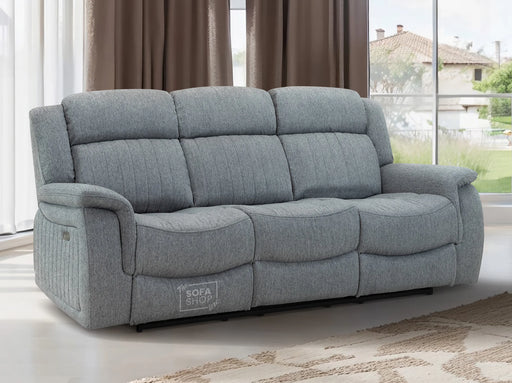 3 Seater Electric Recliner Sofa in Grey Fabric with Drop Down Table & Silver Cup Holders- Linden