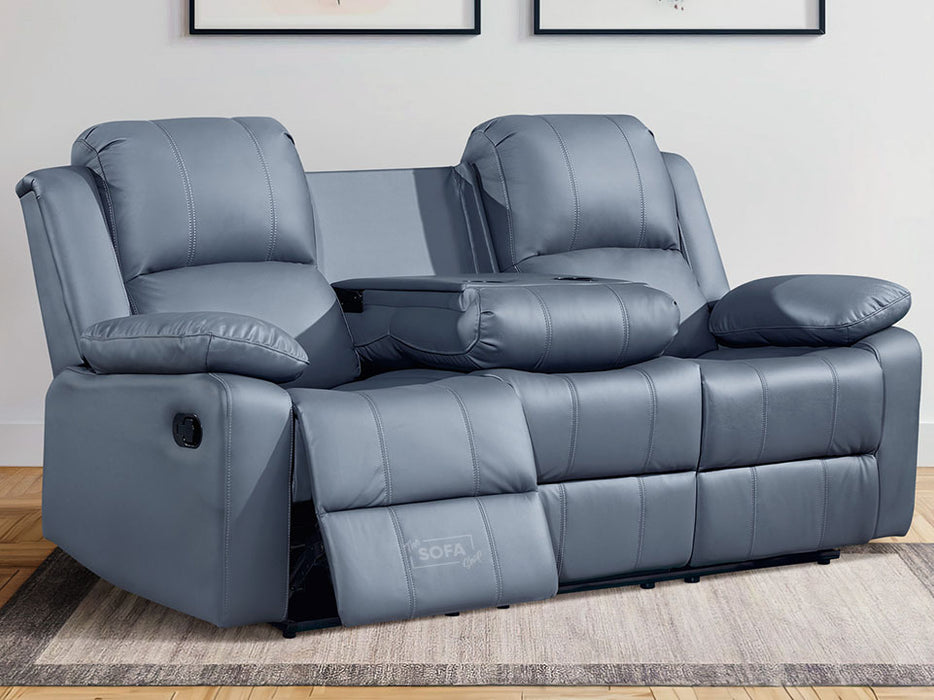 3 Seater Recliner Sofa in Grey Leather with Drop-Down Table & Cup Holders - Trento
