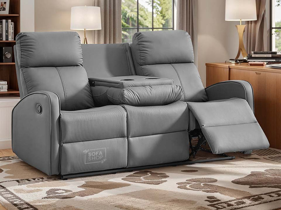 3 Seater Recliner Sofa in Grey Leather with Drop-Down Table & Cup Holders - Parma