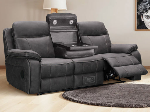 3 Seat Electric Recliner Home Cinema Theatre Sofa | Fabric Couch In Grey + Cupholders + Table + Power Headrest + USBc + Reading Lamp | Vinson | The Sofa Shop