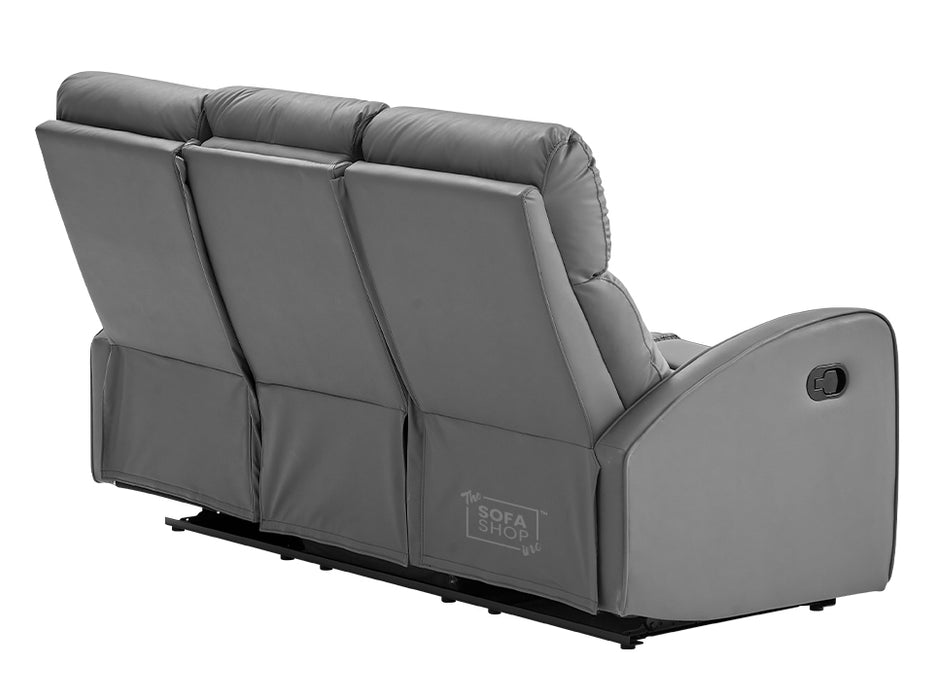 3 Seater Recliner Sofa in Grey Leather with Drop-Down Table & Cup Holders - Parma