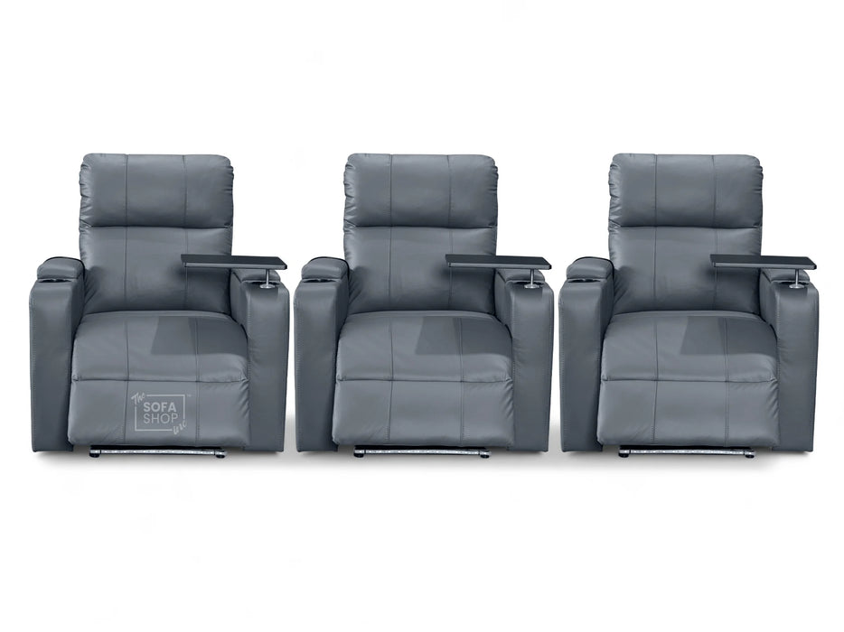 Row of 3 Electric Home Cinema Seats in Grey Leather Aire, With Recliner, Massage Seats, USB, Lights, Storage Arms, Chilled Cupholders - Modena