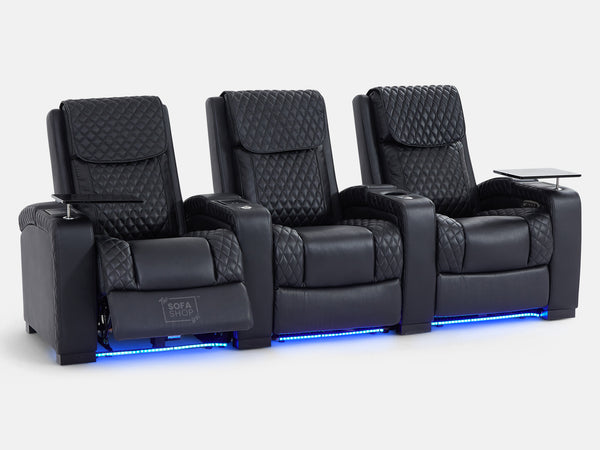 3 Seat Electric Recliner Home Cinema Theatre Sofa | Real Leather Couch In Black + Cupholders + LED + Table + Lumbar Support + Bluetooth Speaker | Torino | The Sofa Shop