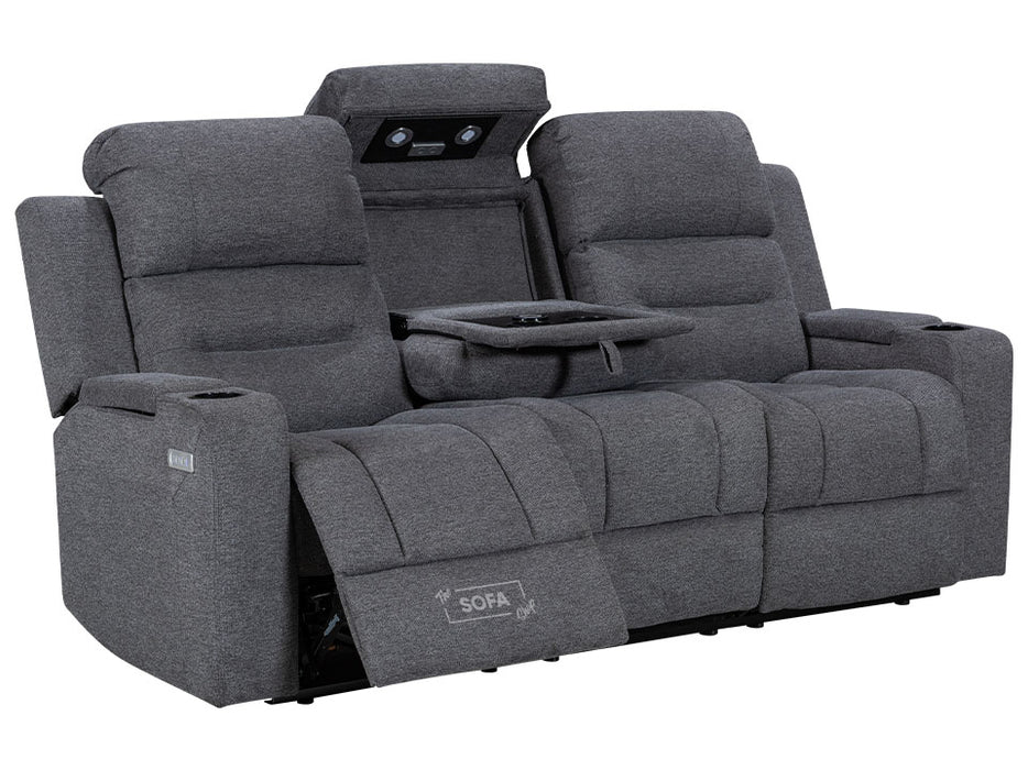 3 2 Seater Electric Recliner Sofa Set. 2 Piece Sofa Package Suite in Grey Woven Fabric With Power Headrest, USB, Console & Cup Holders - Lawson