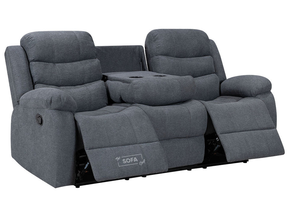 3 Piece Sofa Set - Recliner Sofa - 3+3+3 Seat Sofa Suite Package in Dark Grey Fabric with Folding Table & Cupholders - Sorrento
