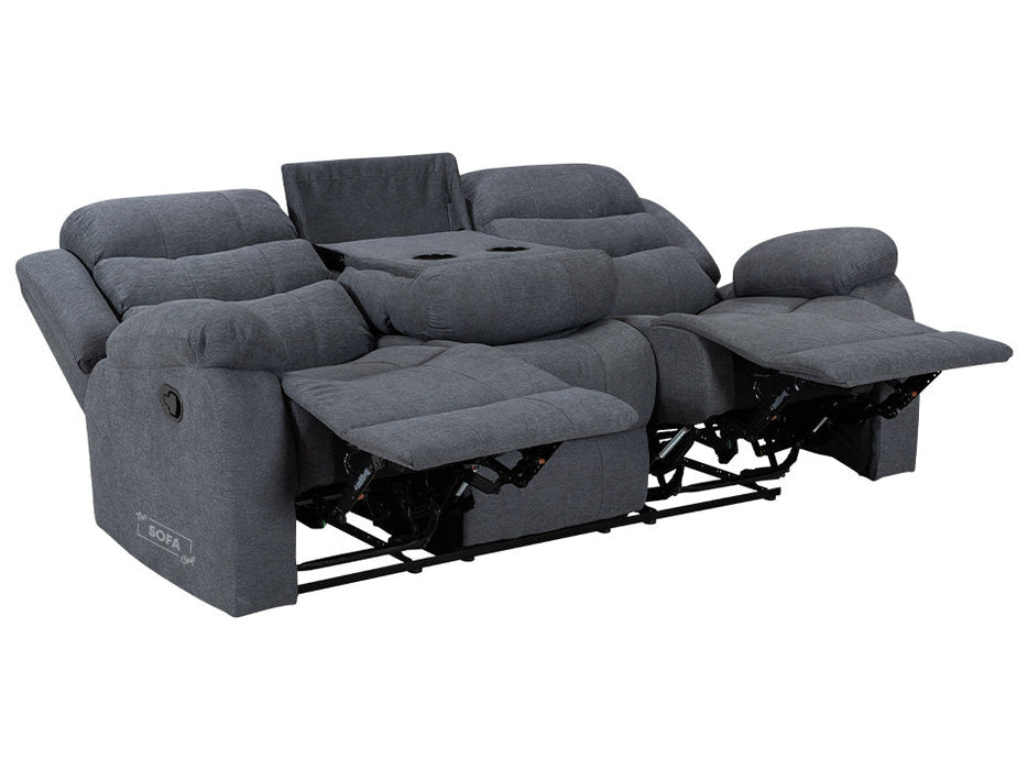 3 2 Recliner Sofa Set Plus Pouffe & Footstool in Dark Grey Fabric with Drop-Down Table & Drink Holders - Sorrento