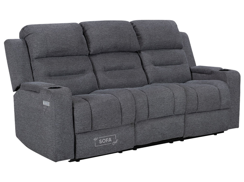 3 Seater Electric Recliner Sofa in Dark Grey Woven Fabric With Power Headrest, USB, Console & Cup Holders - Siena