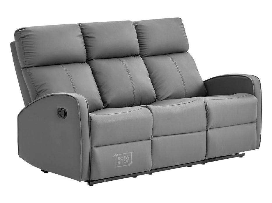 3 Seater Recliner Sofa in Grey Leather with Drop-Down Table & Cup Holders - Parma