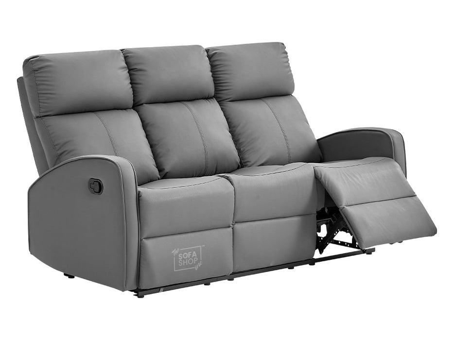 3 Seater Recliner Sofa in Grey Leather with Drop-Down Table & Cup Holders - Parma