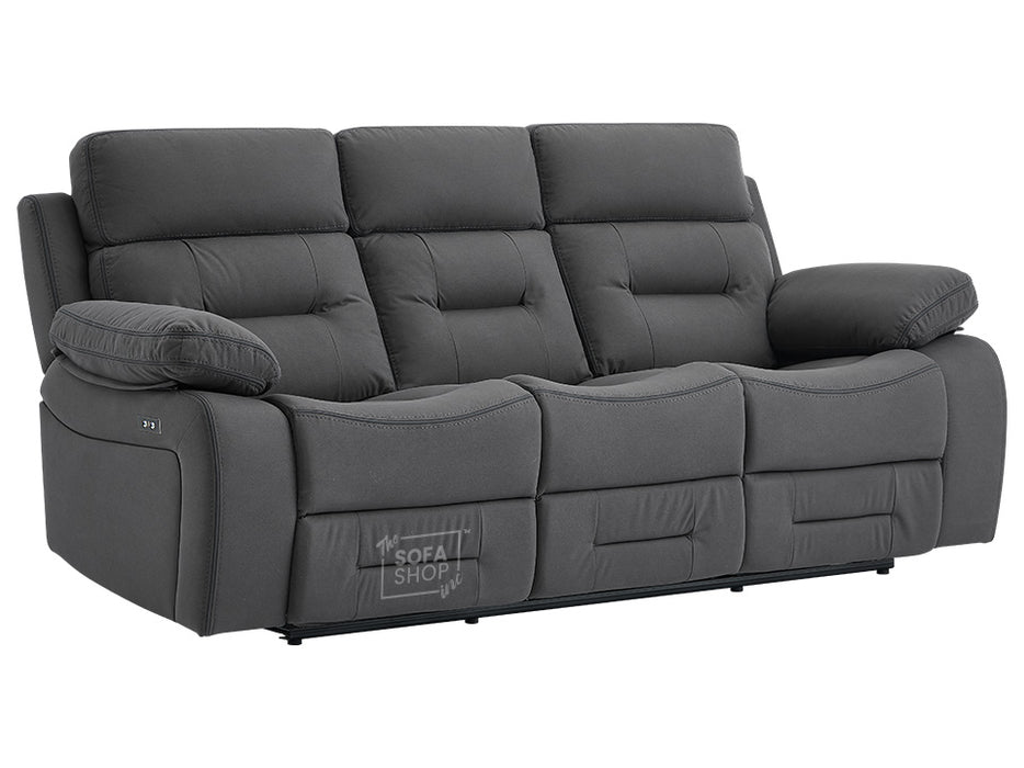 3 Seater Electric Recliner Sofa in Grey Velvet Fabric With USB, Drop Down Table & Cup Holders - Foster