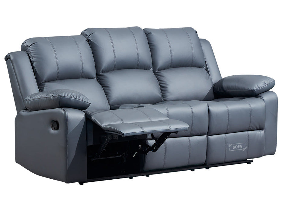 3+3 Leather Sofa Set & Recliner Sofa Package in Grey With Drop-Down Table & Cup Holders - Trento