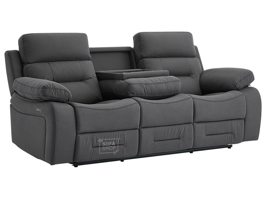 3 Seater Electric Recliner Sofa in Grey Velvet Fabric With USB, Drop Down Table & Cup Holders - Foster