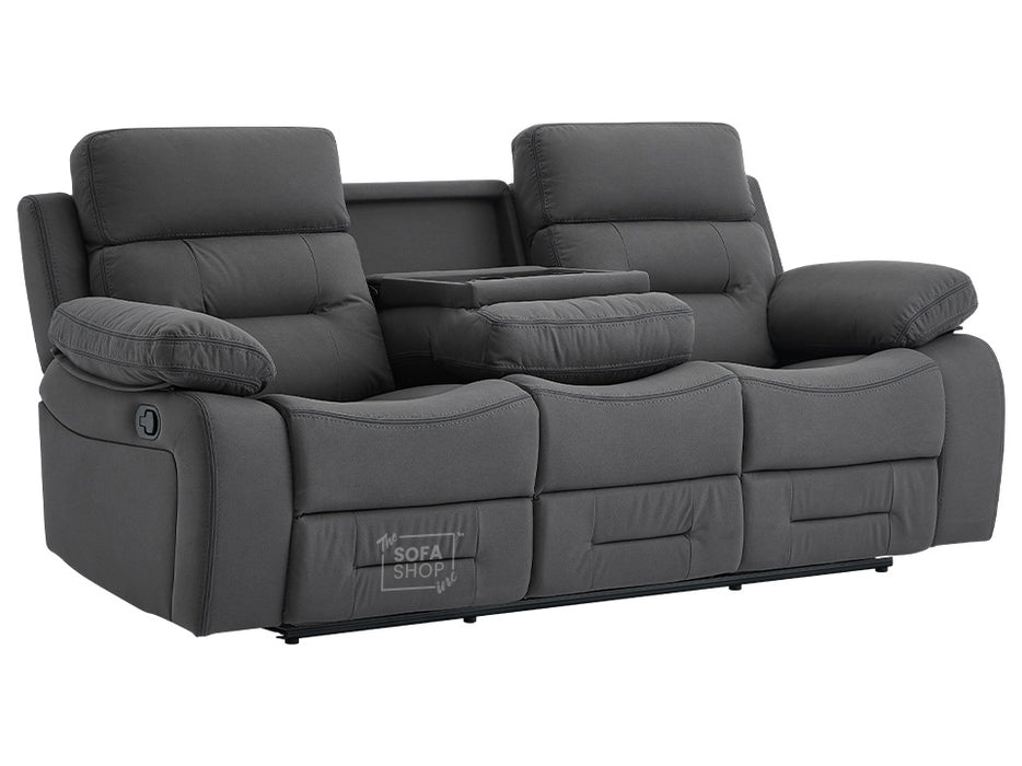 3 2 1 Recliner Sofa Set. 3 Piece Recliner Sofa Package Suite in Dark Grey Fabric with Drop-Down Table & Drinks Holder- Foster