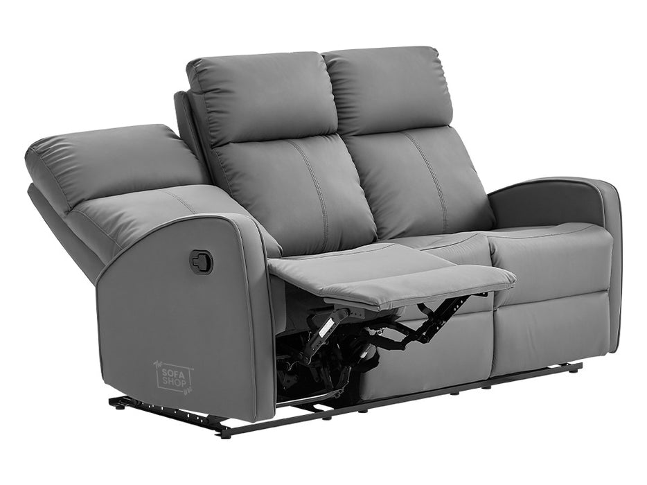 3 Seater Recliner Sofa in Grey Leather with Drop-Down Table & Cup Holders - Parma