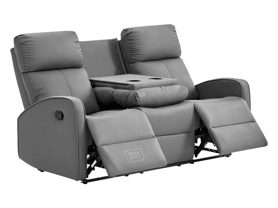 3+1 Recliner Sofa Set inc. Chair in Grey Leather Aire with Drop-Down Table & Cup Holders - 2 Piece Parma Sofa Set