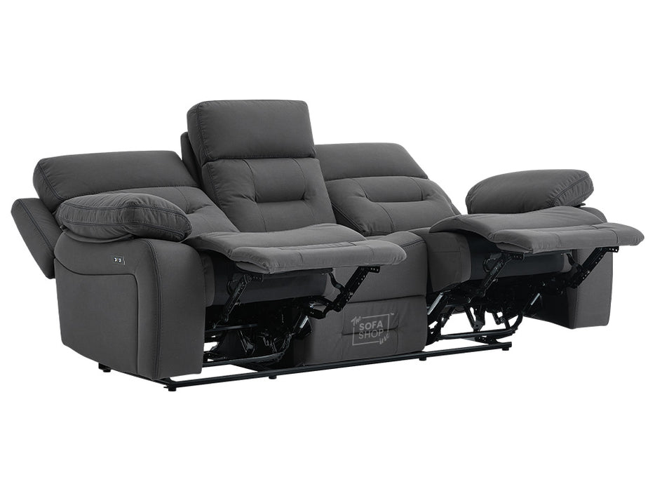 3 2 Electric Recliner Sofa Set. 2 Piece Recliner Sofa Package Suite in Grey Velvet Fabric With USB Ports & Drink Holders & Drop Down Table- Foster