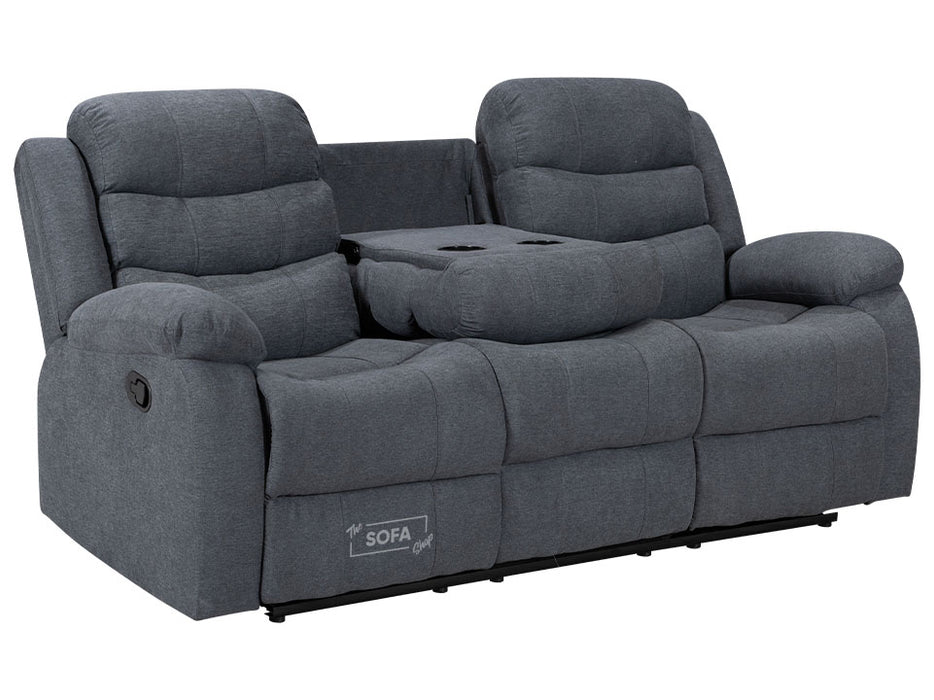3 1 1 Recliner Sofa Set inc. Chairs in Dark Grey Fabric with Drop-Down Table & Cup Holders - Sorrento