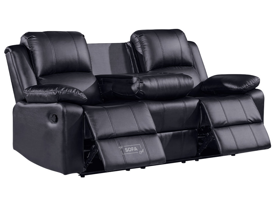 3 1 1 Recliner Sofa Set inc. Chairs in Black Leather with Drop-Down Table & Cup Holders - 3 Piece Trento Sofa Set