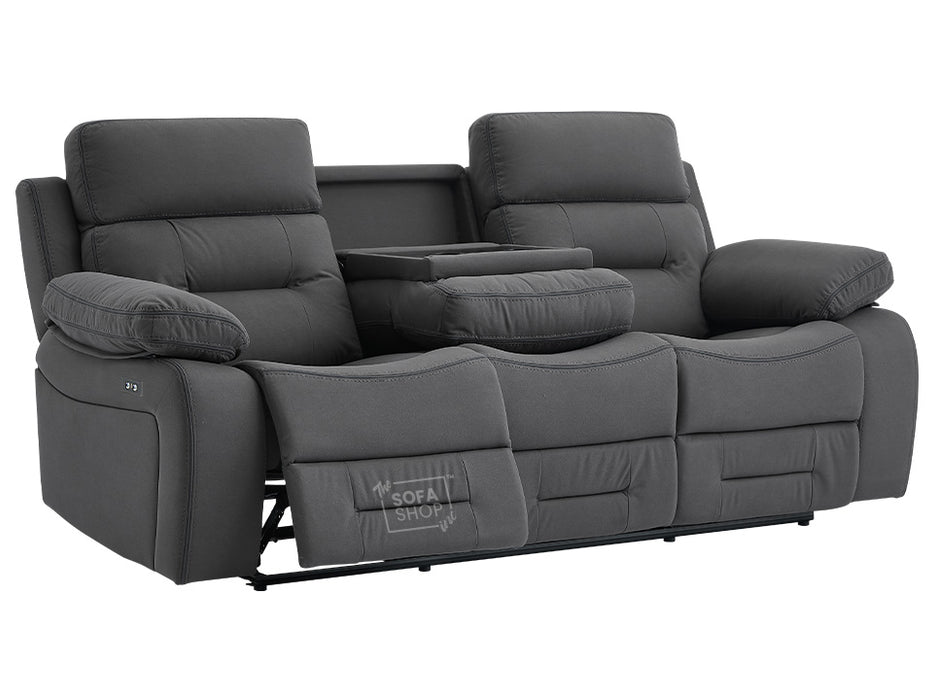 3 2 Electric Recliner Sofa Set. 2 Piece Recliner Sofa Package Suite in Grey Velvet Fabric With USB Ports & Drink Holders & Drop Down Table- Foster