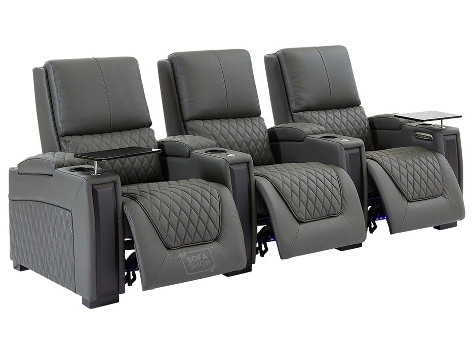 3 2 Electric Recliner Sofa Set in Grey Real Leather 2 Piece Cinema Sofa with USB Ports, Chilled Cupholders & Storage Boxes - Assisi