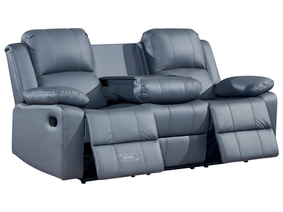 3+3 Leather Sofa Set & Recliner Sofa Package in Grey With Drop-Down Table & Cup Holders - Trento