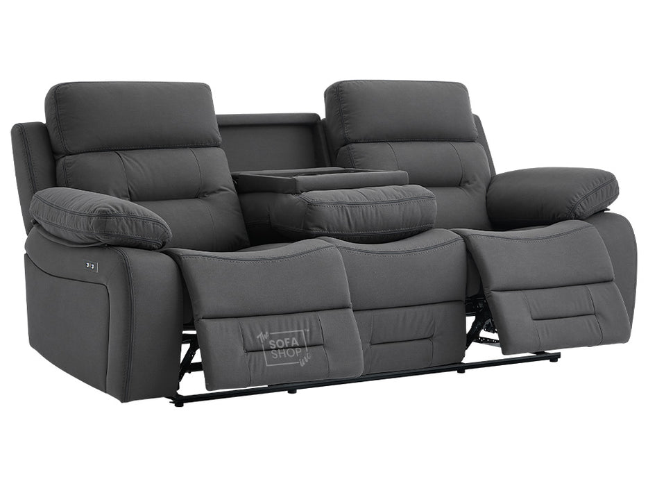 3+1 Recliner Sofa Set inc. Chair in Grey Velvet With Drop-Down Table & Cup Holders & USB Ports - 2 Piece Foster Power Sofa Set