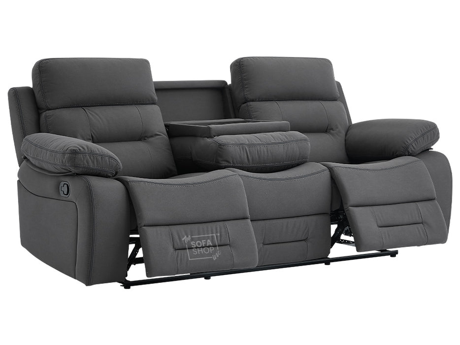 3 2 1 Recliner Sofa Set. 3 Piece Recliner Sofa Package Suite in Dark Grey Fabric with Drop-Down Table & Drinks Holder- Foster