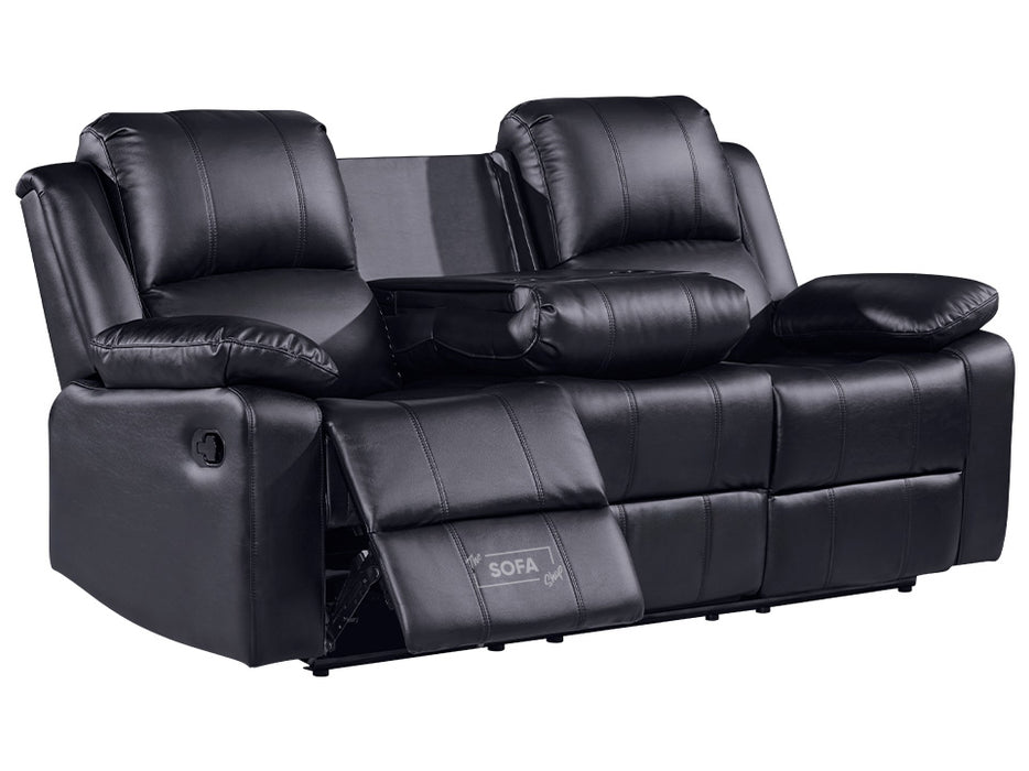 3 Seater Recliner Sofa in Black Leather with Drop-Down Table & Cup Holders - Trento