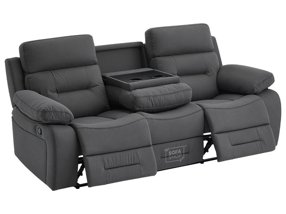 3 2 1 Recliner Sofa Set. 3 Piece Recliner Sofa Package Suite in Dark Grey Fabric with Drop-Down Table & Drinks Holder- Foster