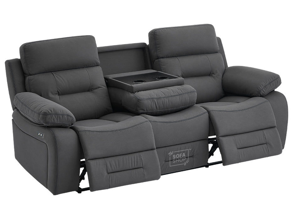 3 2 1 Electric Recliner Sofa Set. 3 Piece Recliner Sofa Package Suite in Grey Velvet with Drop Down Table & Drink Holders & USB Ports- Foster