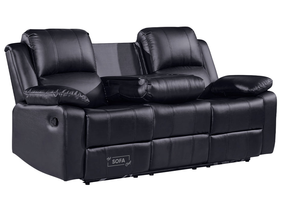 3 Seater Recliner Sofa in Black Leather with Drop-Down Table & Cup Holders - Trento