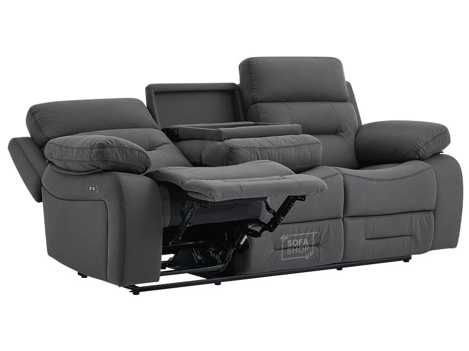 3 2 1 Electric Recliner Sofa Set. 3 Piece Recliner Sofa Package Suite in Grey Velvet with Drop Down Table & Drink Holders & USB Ports- Foster