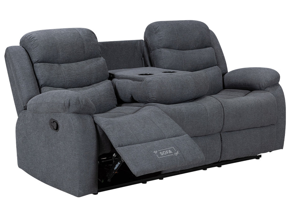 3 Seater Recliner Sofa in Dark Grey Fabric with Drop-Down Table & Cup Holders - Sorrento