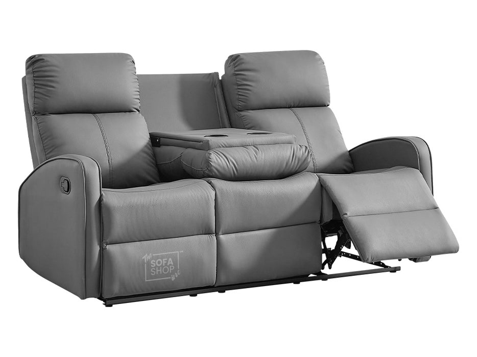 3 Seater Recliner Sofa in Grey Leather with Drop-Down Table & Cup Holders - Parma