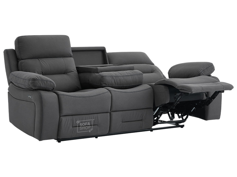 3 2 1 Electric Recliner Sofa Set. 3 Piece Recliner Sofa Package Suite in Grey Velvet with Drop Down Table & Drink Holders & USB Ports- Foster