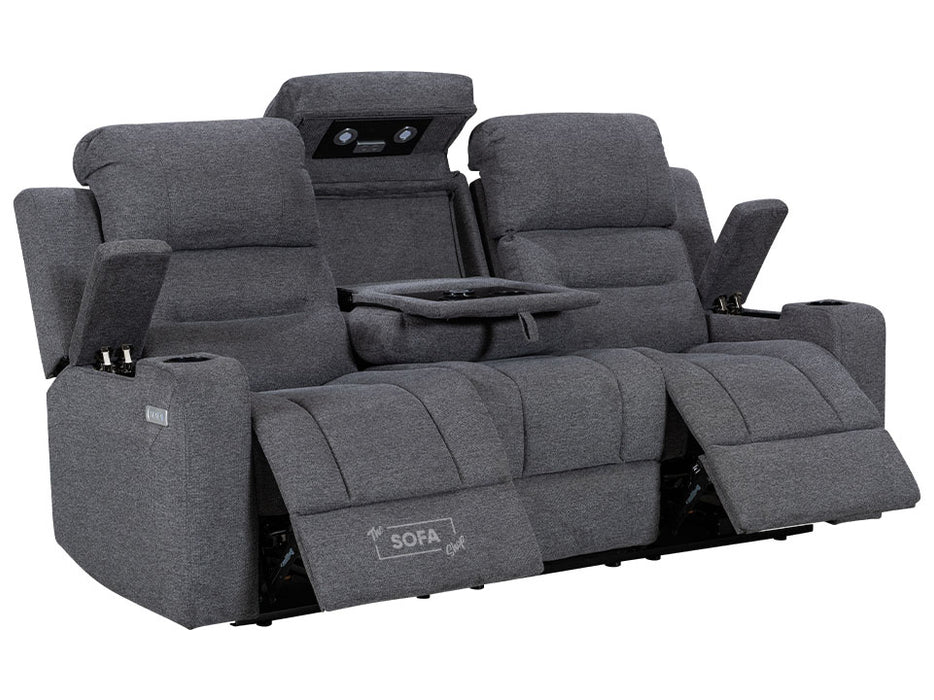 3+3 Seater Electric Recliner Sofa Set in Dark Grey Woven Fabric With Power Headrests, USB, Console & Cup Holders - Siena