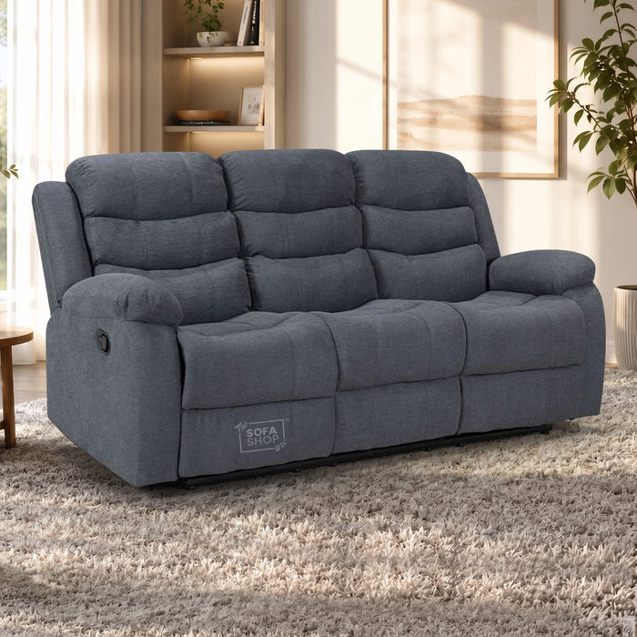 3 Seater Recliner Sofa in Dark Grey Fabric | Manual Recliner Sofa with Drop-Down Table, Cup Holders & Fully Reclining Mechanism | Sortino | The Sofa Shop