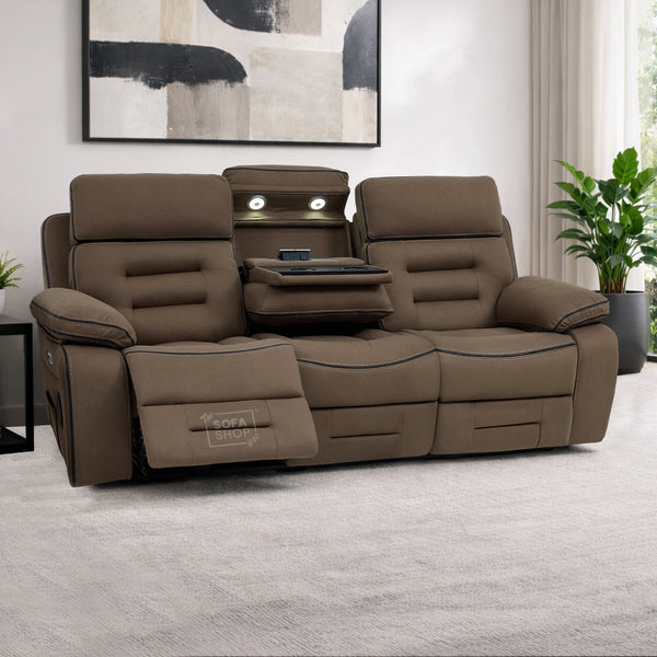 3 Seater Electric Recliner Cinema Sofa in Brown Fabric | Hi-Tech Sofa with Cupholders + Table + Power Headrest + USB Ports + Speakers | Tuscany | The Sofa Shop