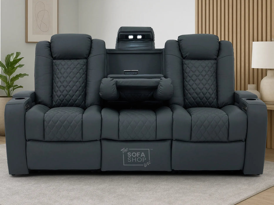 3 Seater Real Leather Electric Recliner Cinema Sofa in Grey | Hi-Tech Sofa with Adjustable Headrest, Lumbar Support, Wireless Charger | Milano | The Sofa Shop