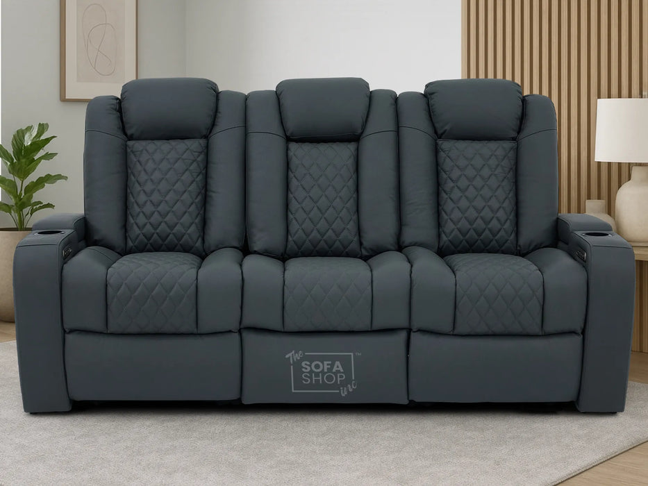 3 Seater Real Leather Electric Recliner Cinema Sofa in Grey | Hi-Tech Sofa with Adjustable Headrest, Lumbar Support, Wireless Charger | Milano | The Sofa Shop