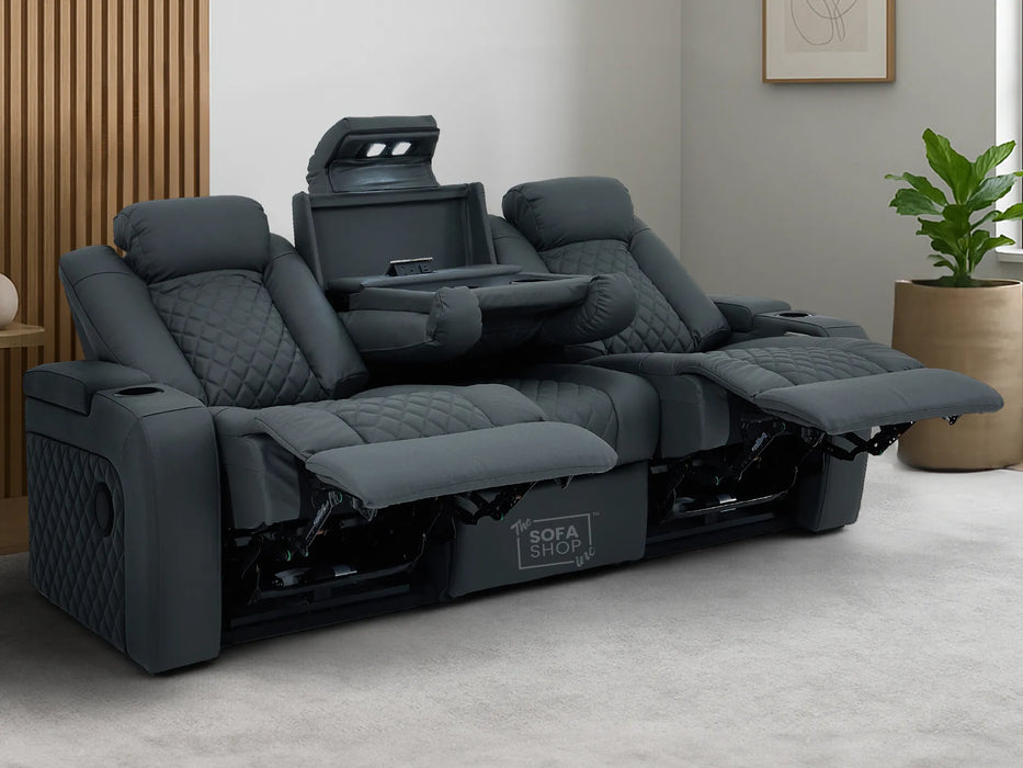 3 Seater Real Leather Electric Recliner Cinema Sofa in Grey | Hi-Tech Sofa with Adjustable Headrest, Lumbar Support, Wireless Charger | Milano | The Sofa Shop